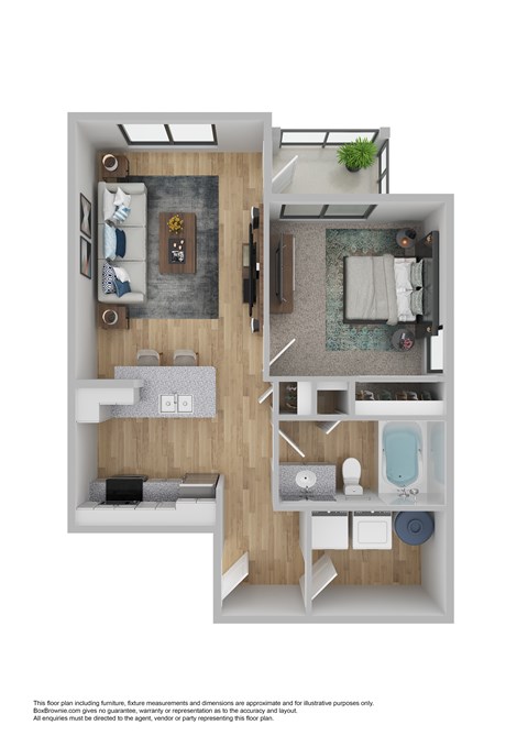 Floor plan for 1 bed, 1 bath, 631 sqft